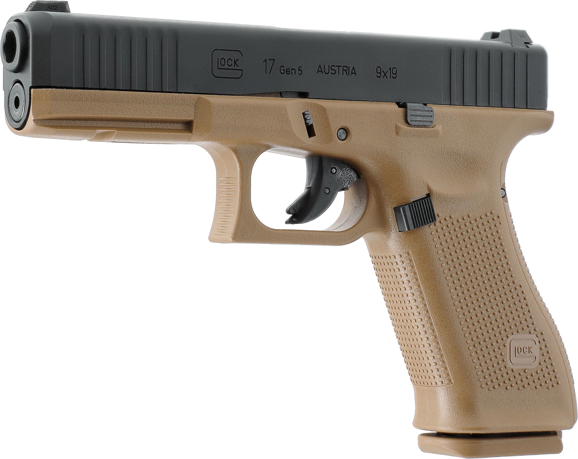 VFC GLOCK 17 Gen5 French Edition black-coyote 6mm GBB - ab 18 Jahren Glock 17 Gen 5 Airsoft-Pistole, schwarz und braun, seitliche Ansicht.