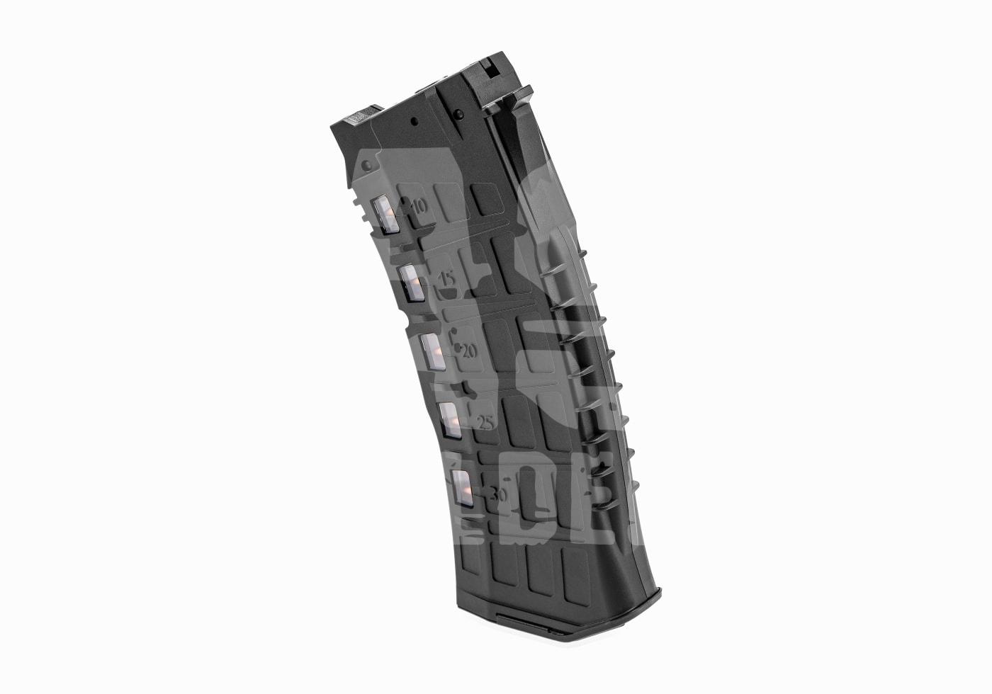 Magazin GK12 Midcap 120rds Schwarzes Airsoft-Magazin mit Kapazitätsanzeige, schräg von der Seite abgebildet.