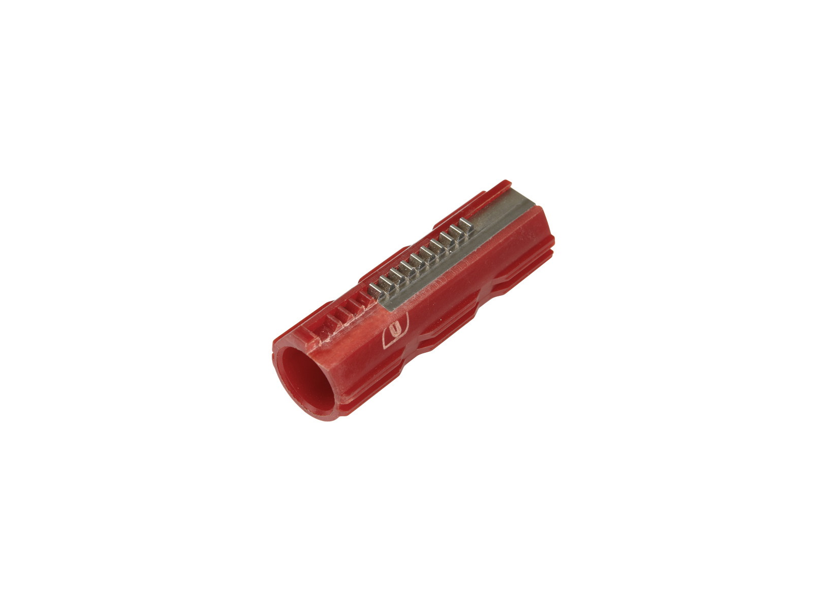 Roter Airsoft-Piston mit Stahlzähnen für verbesserte Haltbarkeit in Getrieben.