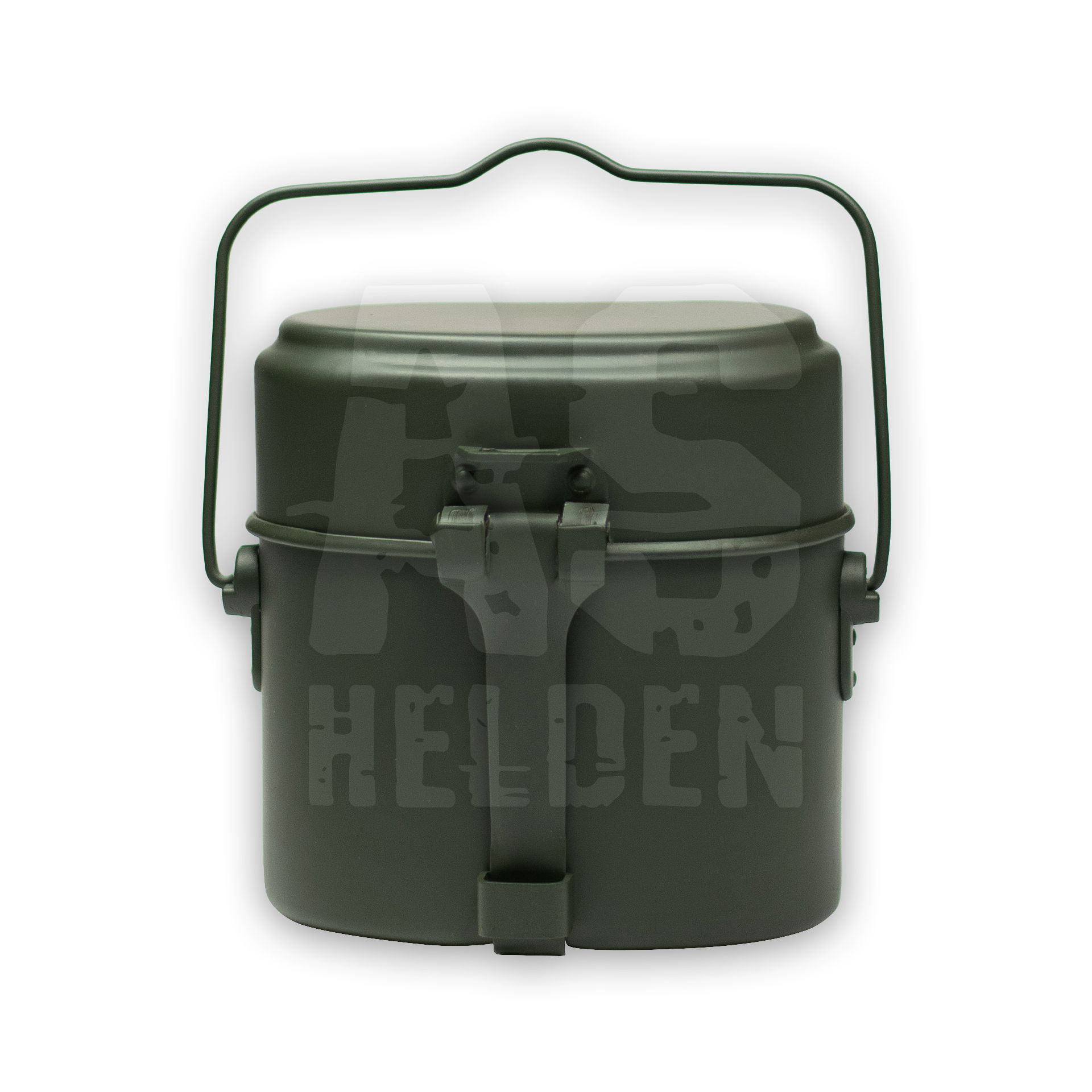 Grüne Camping-Kochgeschirr mit Henkel und Verschluss für Outdoor-Abenteuer.