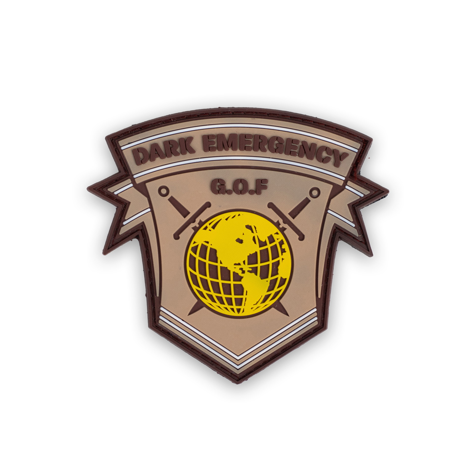 Abzeichen mit "Dark Emergency G.O.F.", Weltkugel und zwei Schwertern in Braun und Gelb.