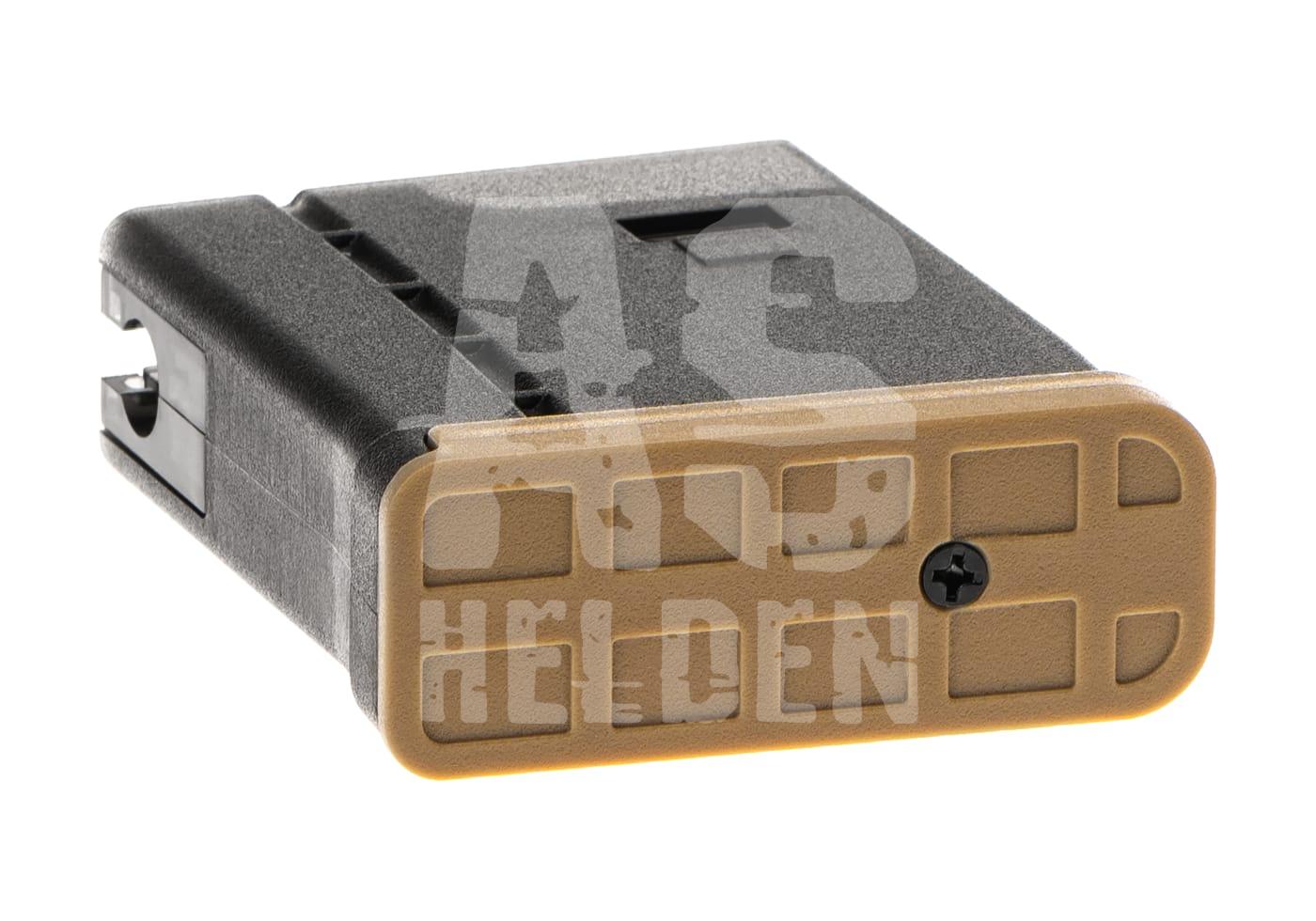 Airsoft-Magazin mit schwarzem Gehäuse und brauner Unterseite, schraubenfixiert.