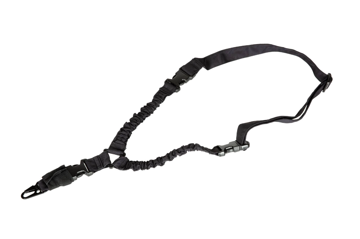 Schwarzer, elastischer Einpunkt-Tragegurt mit Karabinerhaken und Schnellverschlüssen, ideal für Airsoft-Waffen.