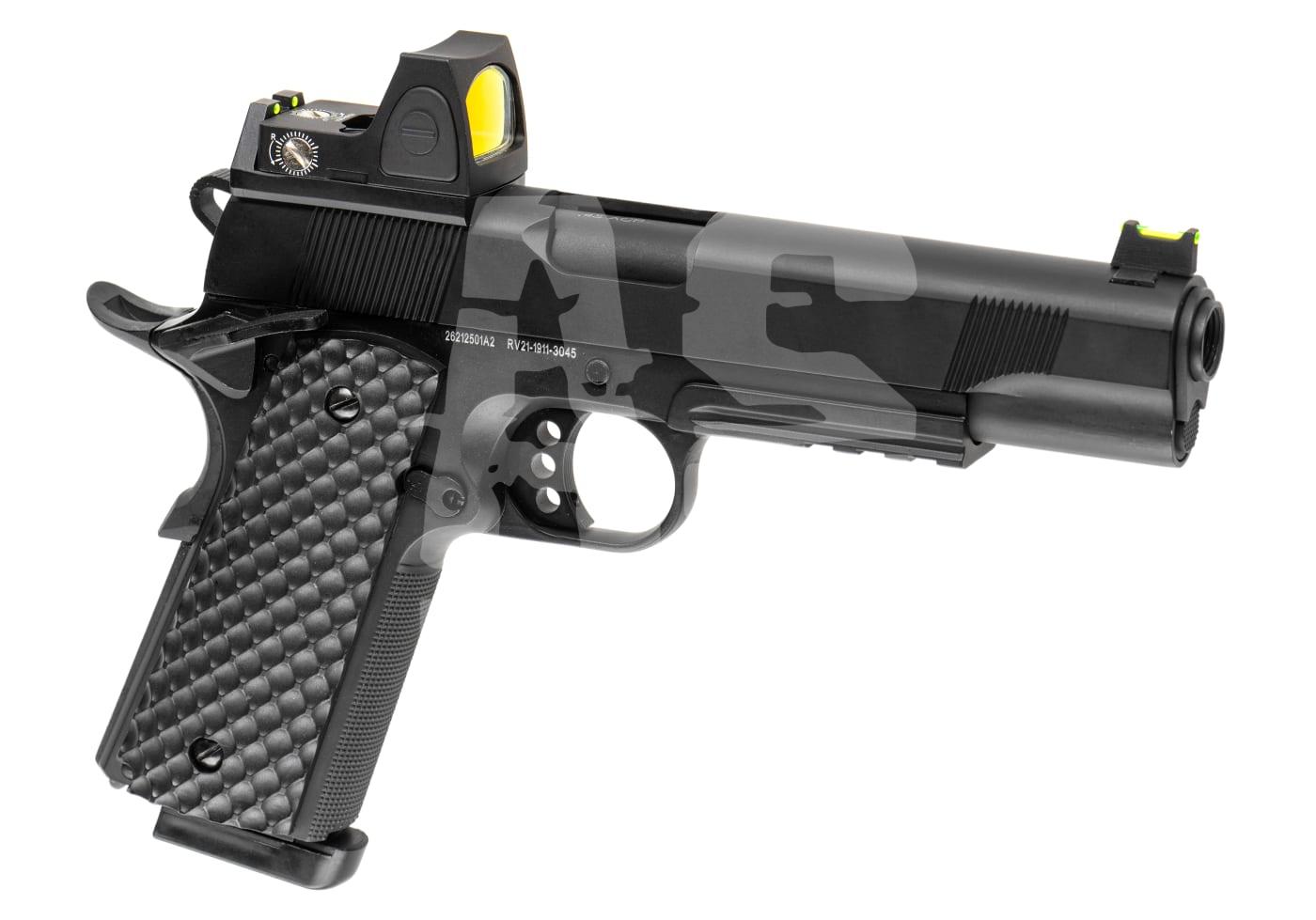 Taktische Airsoft-Pistole mit Camo-Design und rotem Punktvisier, ergonomischem Griff und taktischen Funktionen.