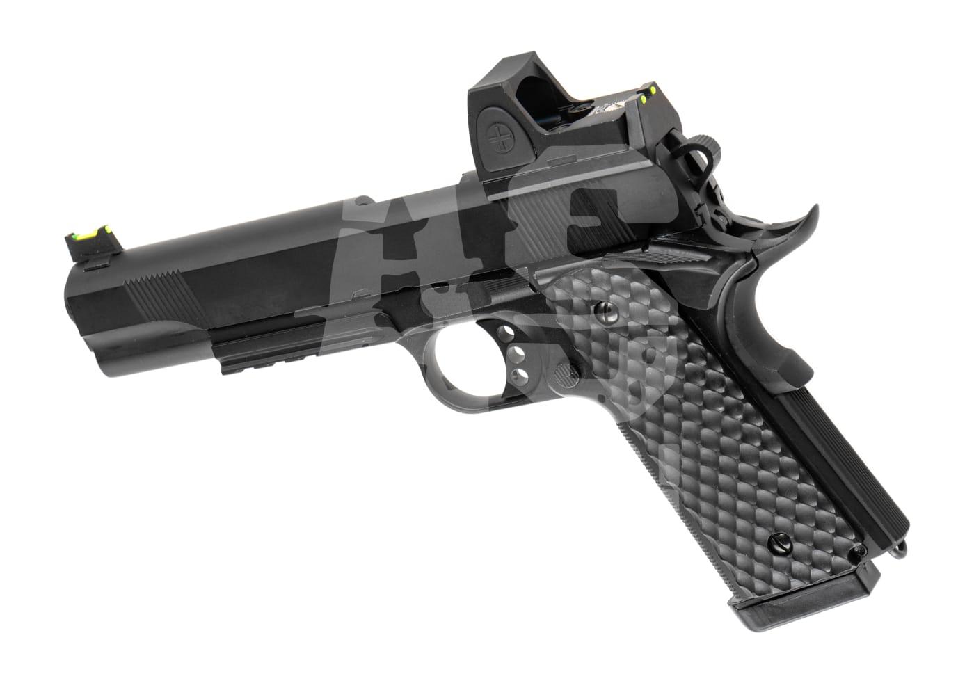 Airsoft-Pistole mit Leuchtvisier und strukturiertem Griff in Schwarz. Ideal für taktische Szenarien.