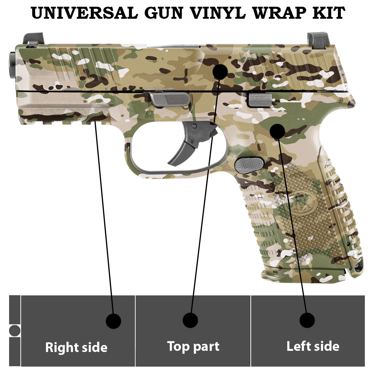 Vinyl-Wrap-Kit für Airsoft-Pistole in Tarnmuster, Ansichten von rechter, linker und oberer Seite.