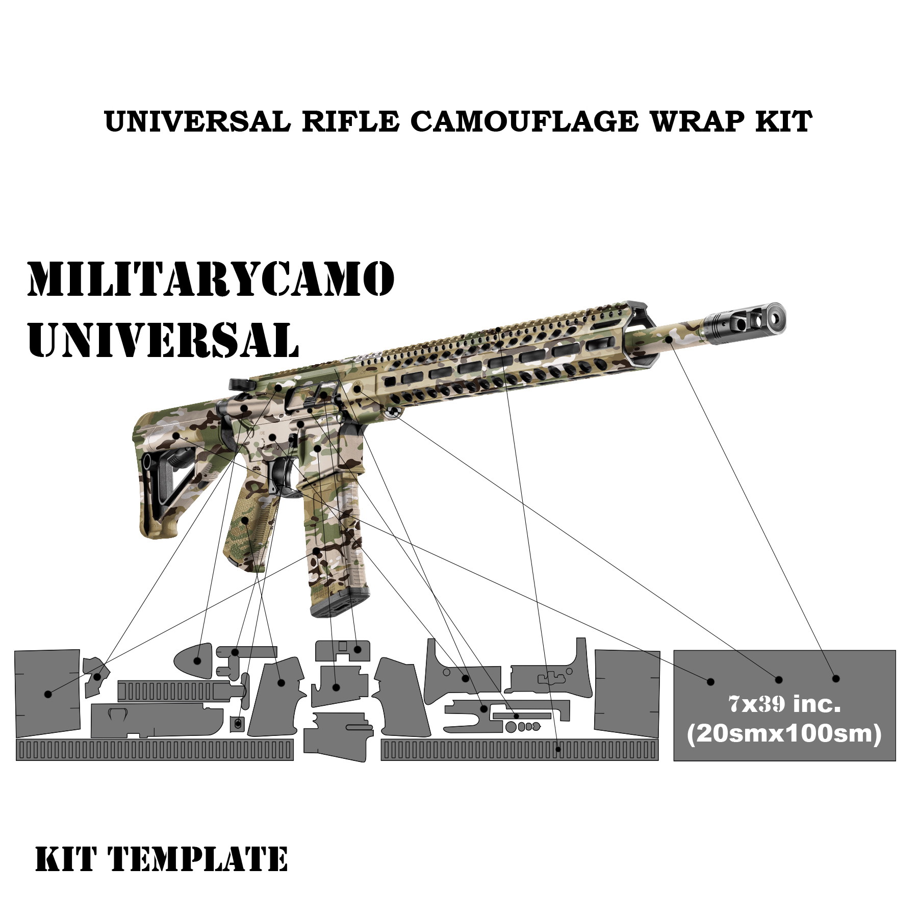 Camouflage-Kit für Gewehr, universale Vorlage mit militärischem Tarnmuster-Aufklebern.