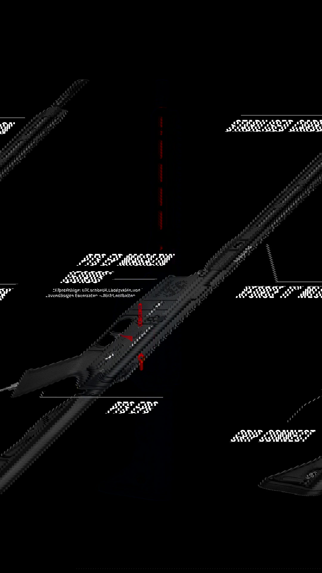 Airsoft-Gewehr mit PTS EP Magazin 150Rds, Xforce 11" MLOK und stabilisiertem Carbon-Lauf abgebildet.