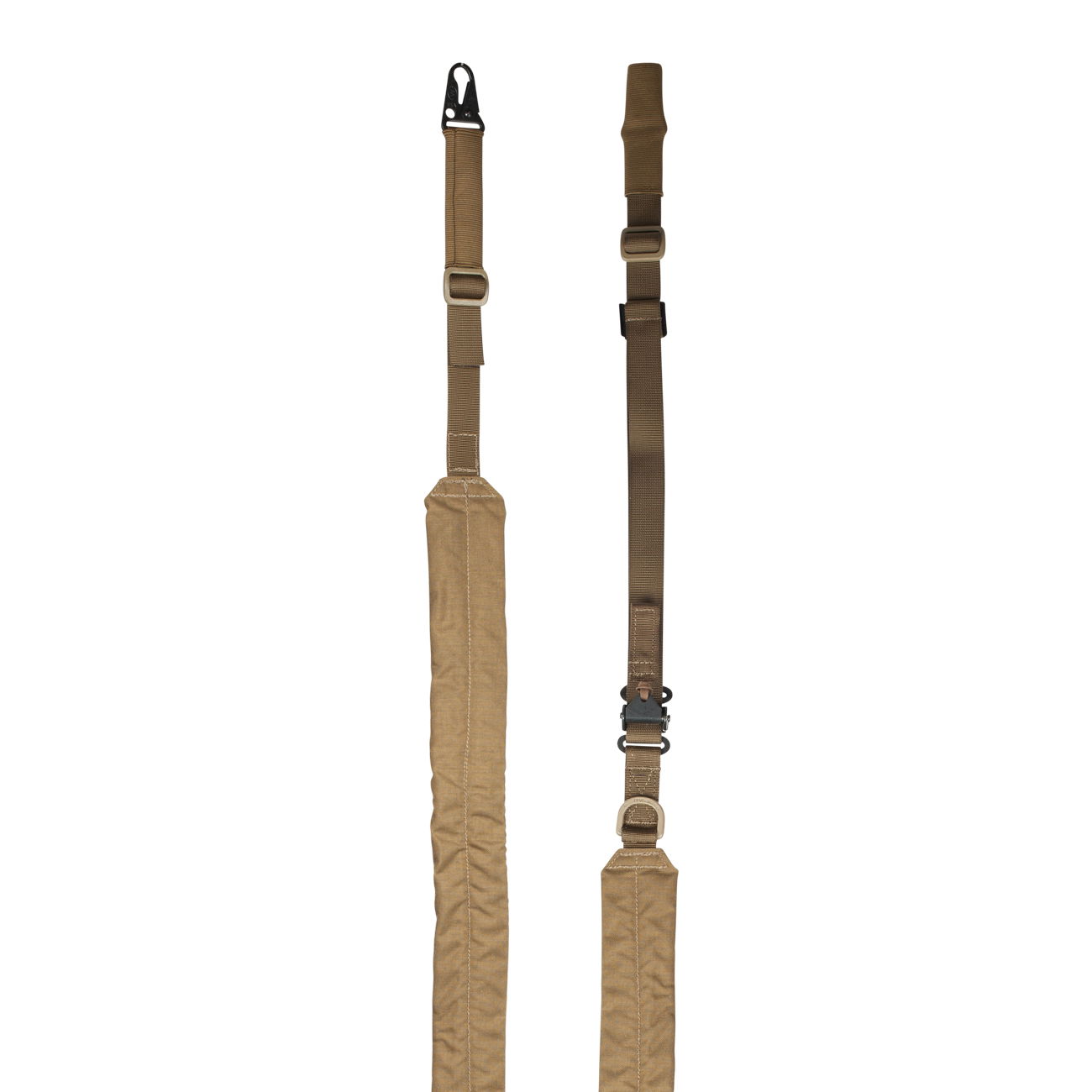 Zweipunkt-Gewehrriemen in Coyote-Tan mit einstellbaren Schnallen und Karabinerhaken für Airsoft-Ausrüstung.