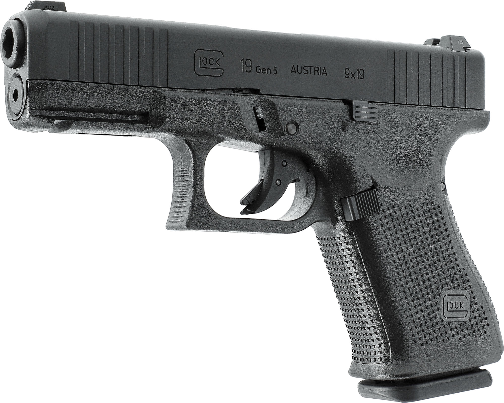 Schwarze Airsoft-Pistole mit strukturiertem Griff, seitlich dargestellt.