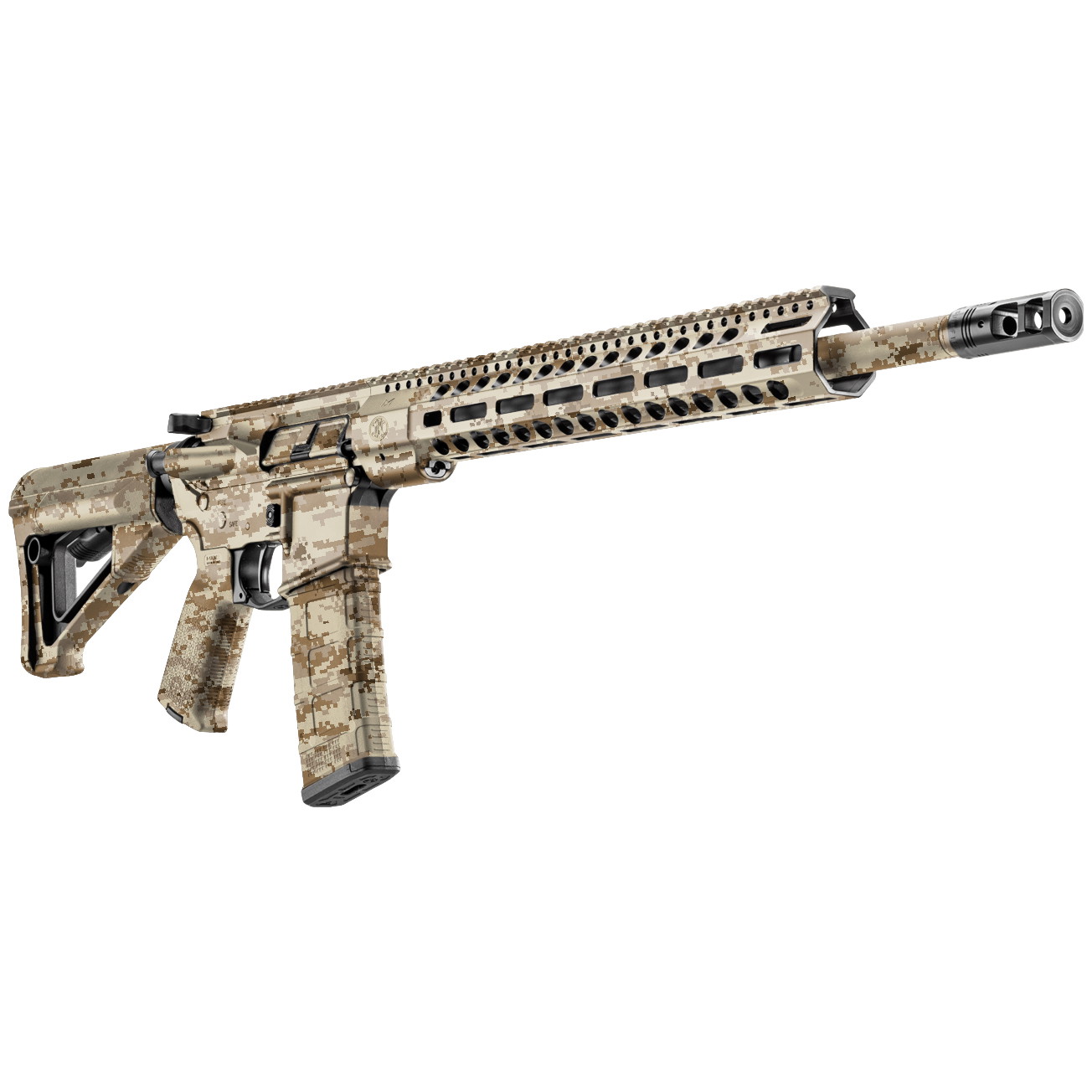 Airsoft-Gewehr in Desert-Camouflage, modernem Design mit taktischer Schiene und verstellbarem Schaft.