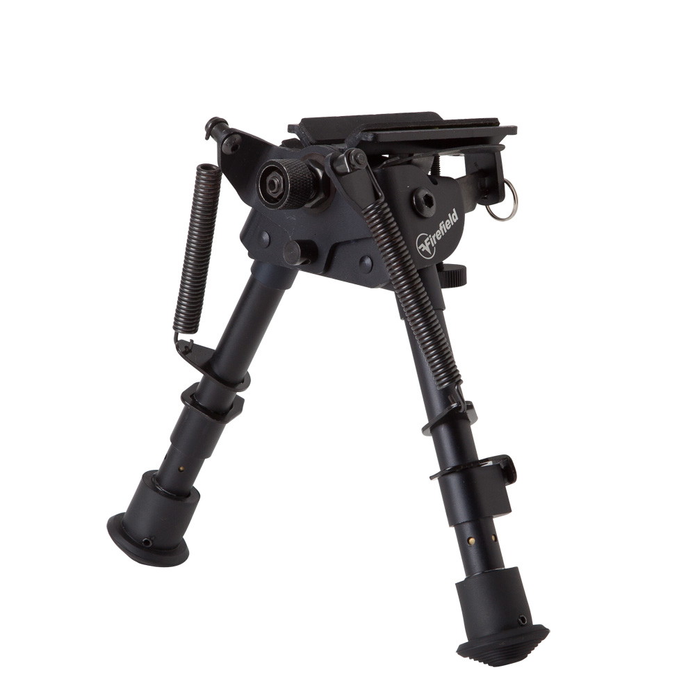 Schwarzes Zweibein für Airsoft-Waffen, verstellbar, mit Federn und robustem Design.