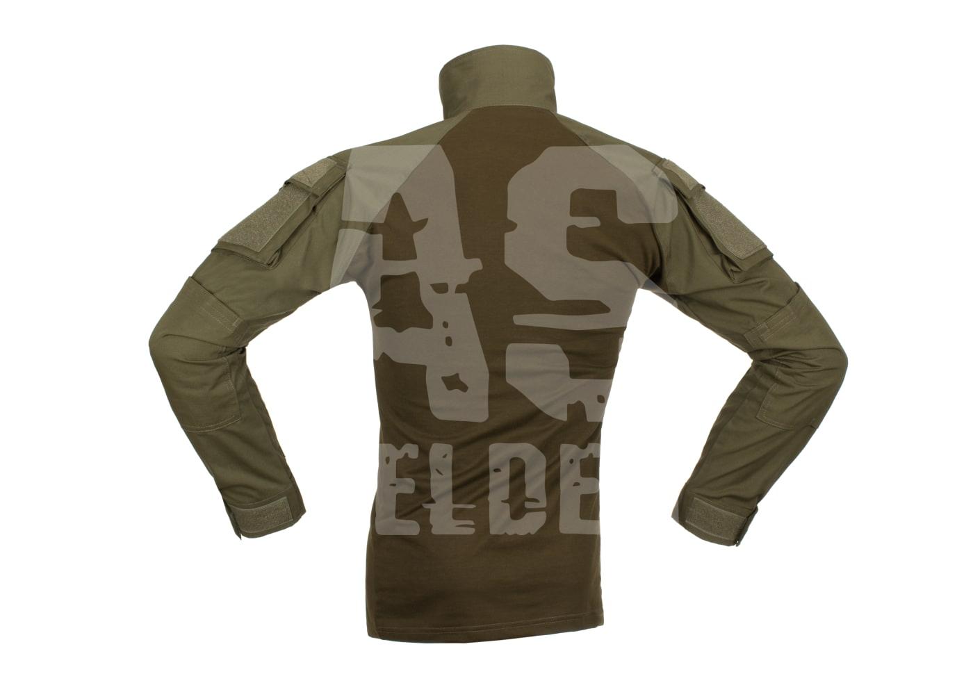 Invader Gear Combat Shirt Olivegrünes Combat-Shirt von hinten, taktisch geformt mit Klettverschlüssen an den Ärmeln, geeignet für Airsoft.
