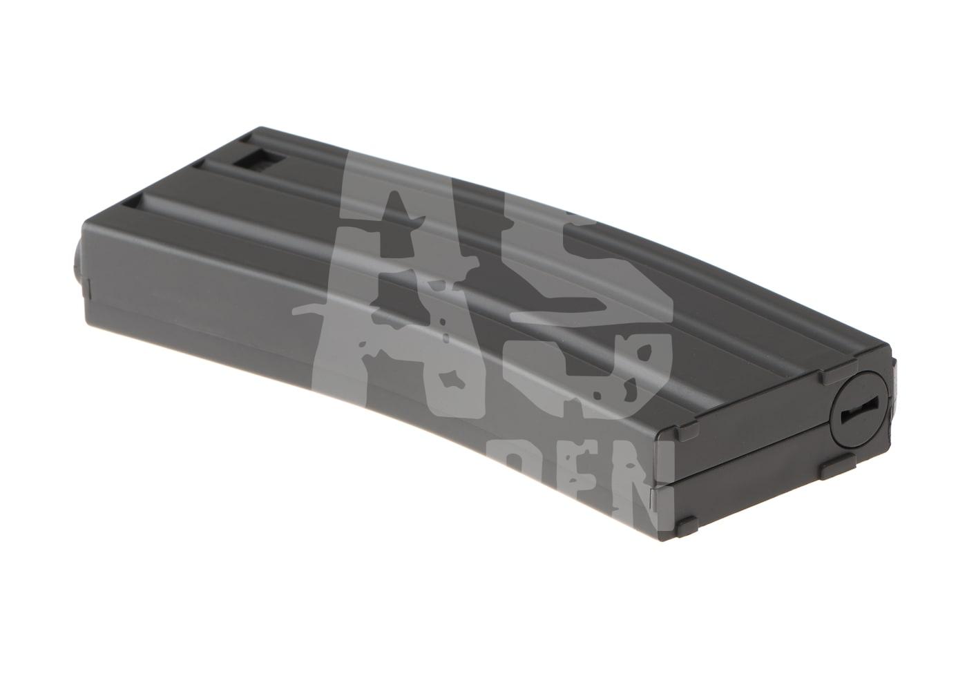 Schwarzes M4 Airsoft Magazin, seitlich liegend, mit leichter Krümmung.