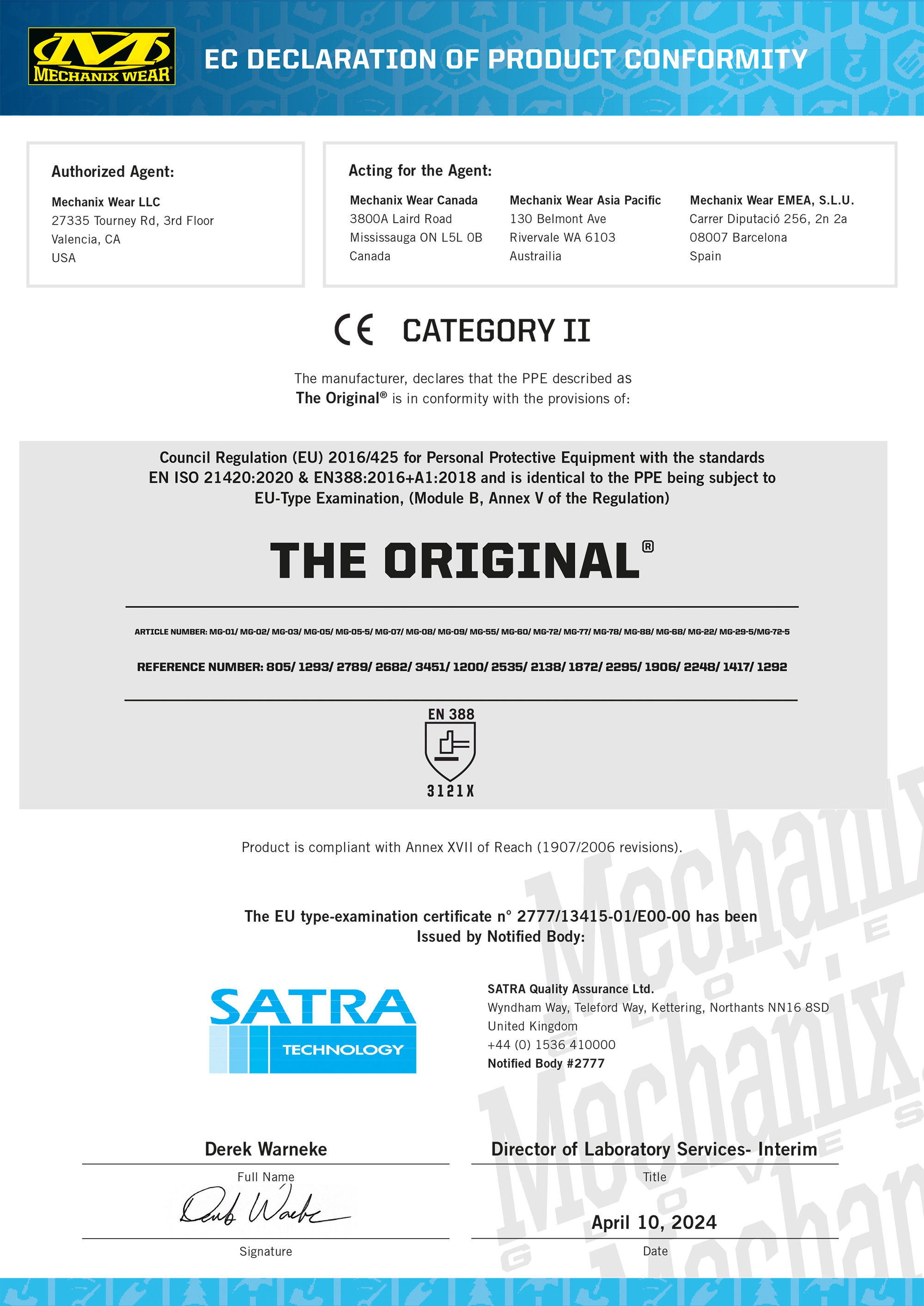EU-Konformitätserklärung für Schutzausrüstung von Mechanix Wear, zertifiziert durch SATRA. Kategorie II, EN 388 Standard.