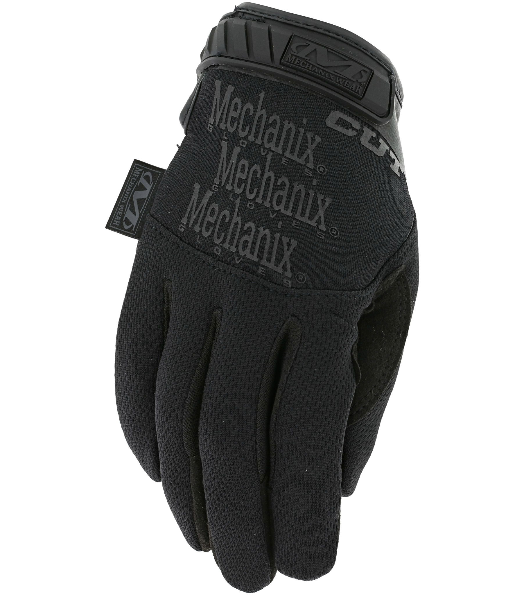 Schwarzer Mechanix Handschuh für Airsoft mit Logoschriftzug auf dem Handrücken.