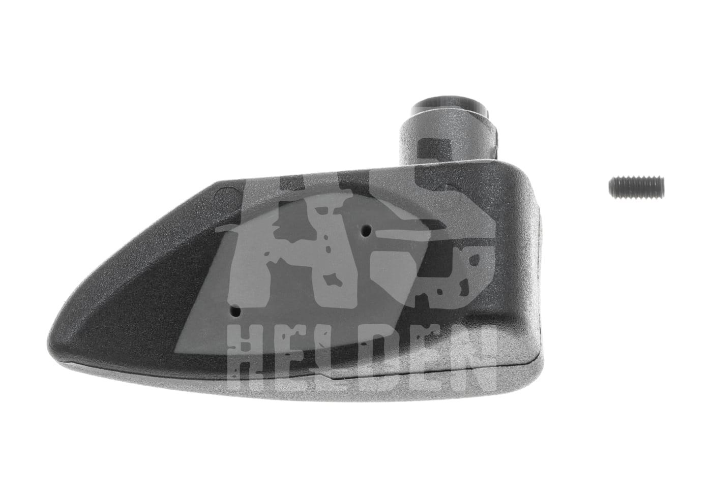 Schwarze Airsoft-Schulterstütze aus Kunststoff mit Metallteil, seitliche Ansicht.