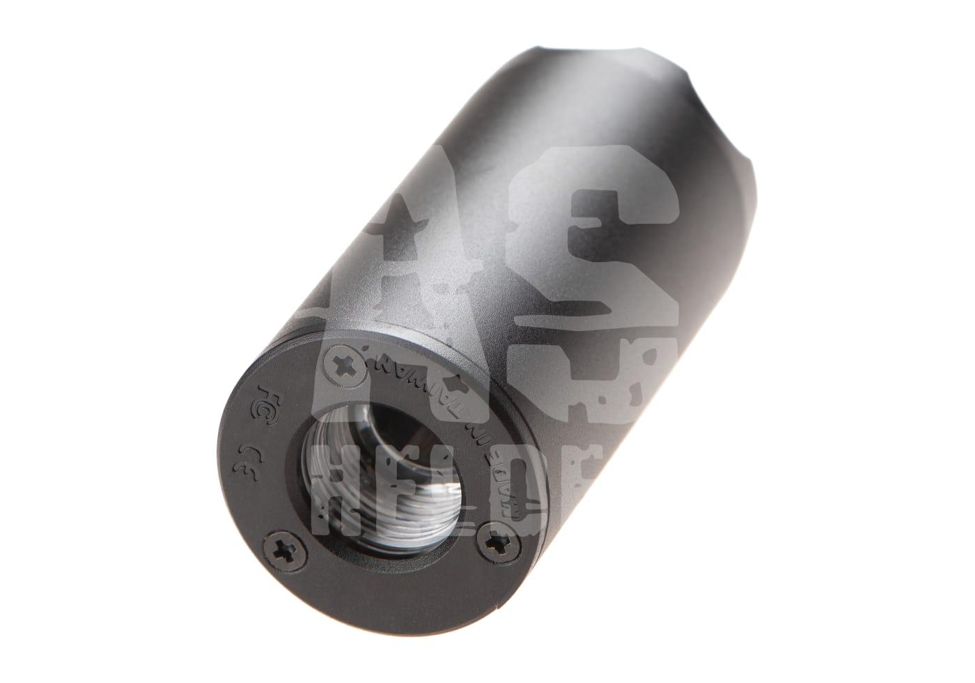 Schwarzer Airsoft Schalldämpfer mit Gewinde, Vorderansicht.