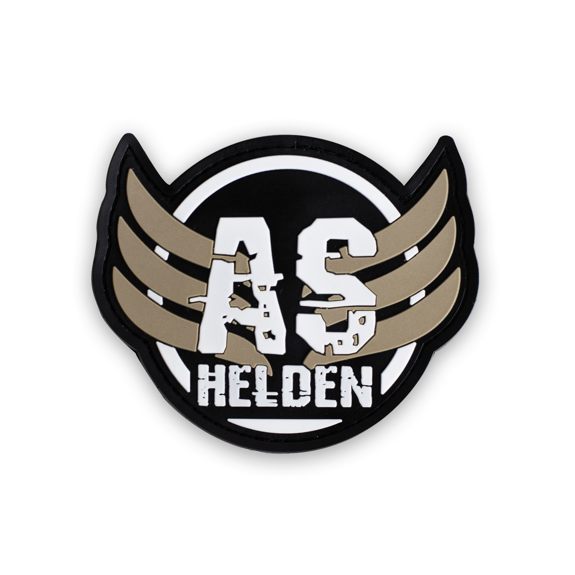 Rundes Abzeichen mit "AS HELDEN" Schriftzug und flügelartigen Designs.