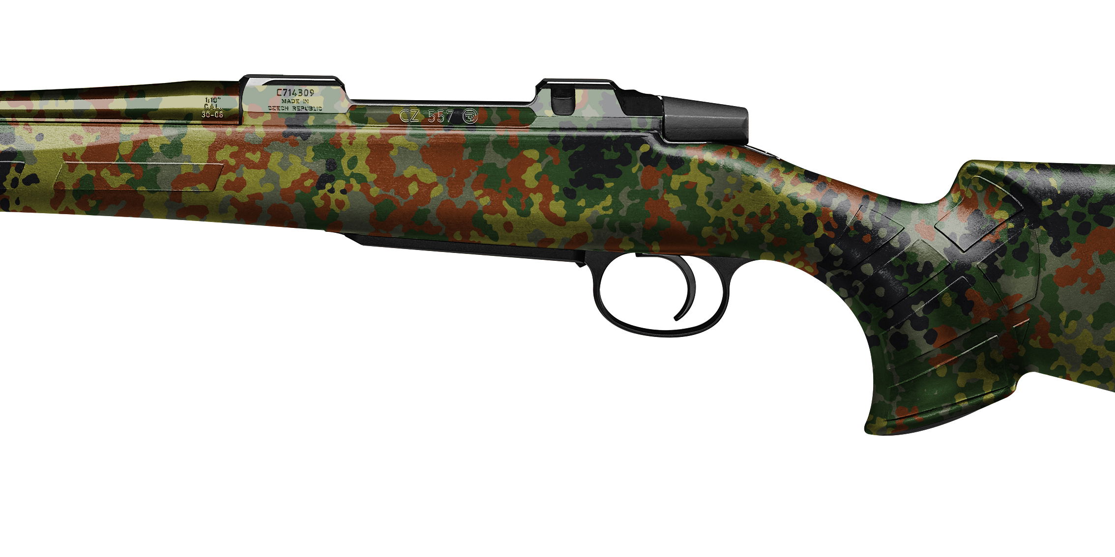 Tarnmuster-Gewehr mit grün-brauner Camo-Beschichtung, seitliche Ansicht, Fokus auf Abzug und Schaft.