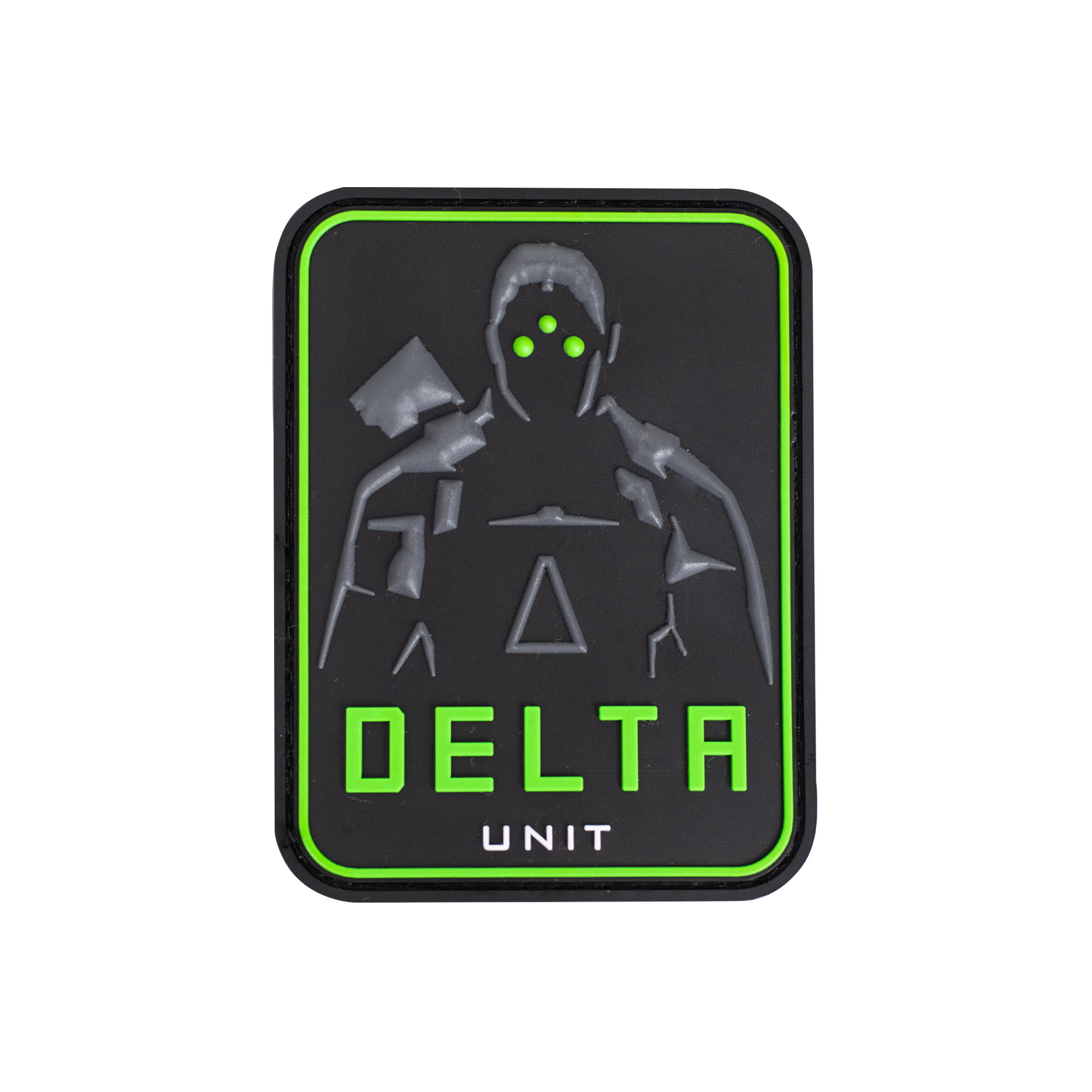 Schwarzes "Delta Unit" Airsoft-Patch mit neon grünen Details und taktischem Design.