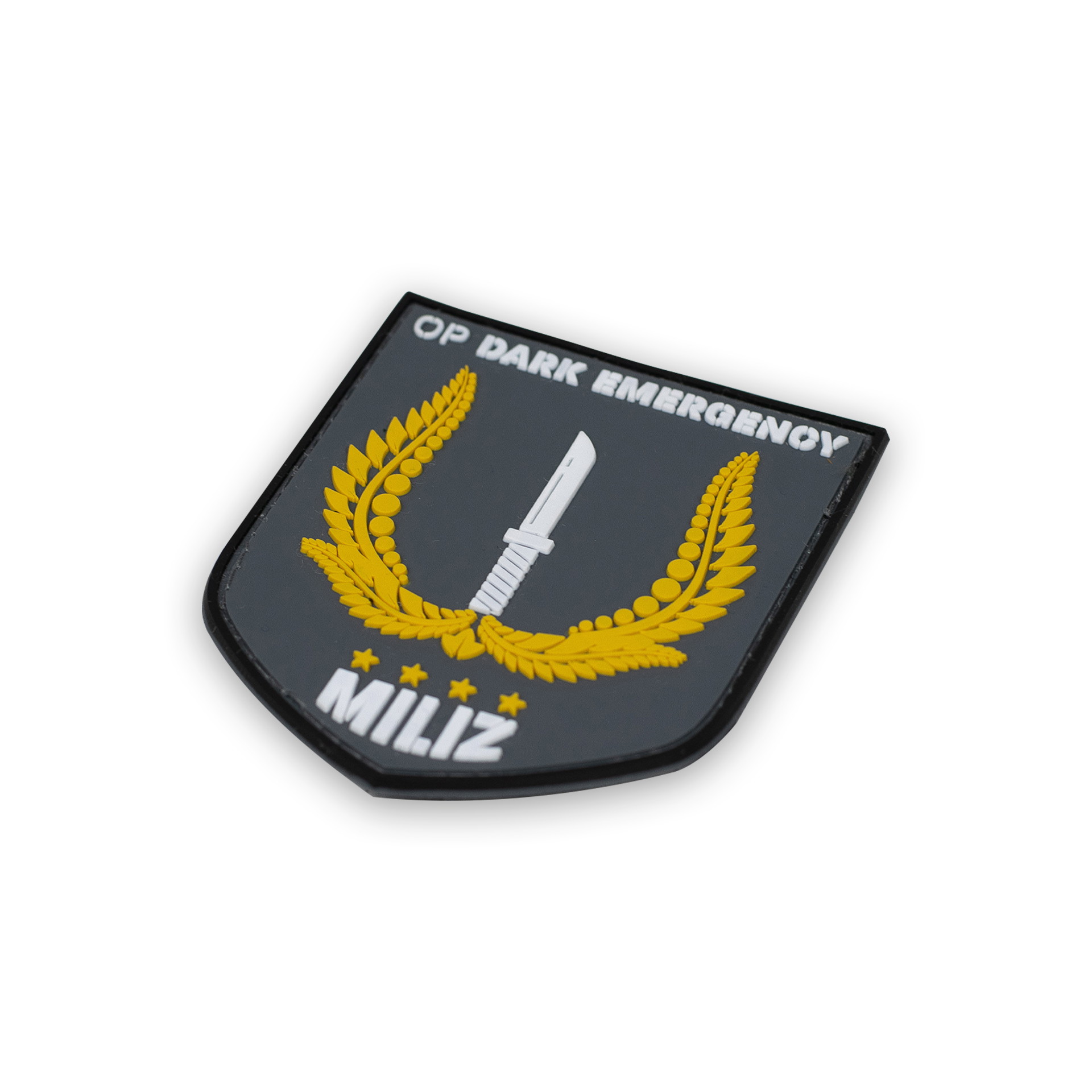 Abzeichen "OP Dark Emergency MILIZ" mit Messer und Lorbeerkranz-Design.