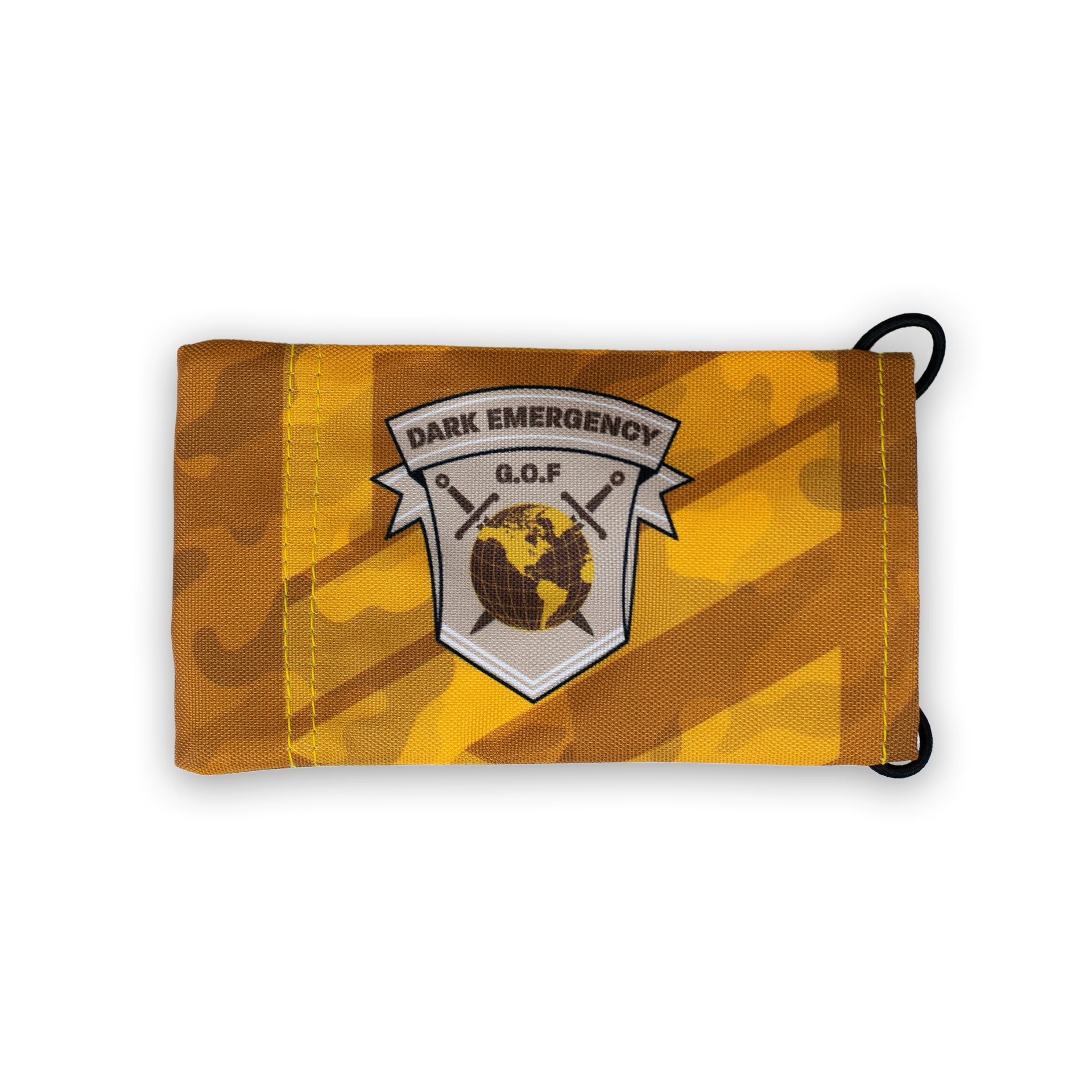 Gelbes Camouflage-Patch "Dark Emergency" mit Weltkugel und Schwertern.
