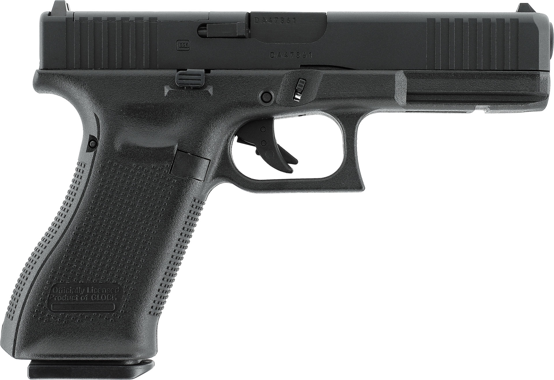 Schwarze Airsoft-Pistole, seitliche Ansicht, strukturiertes Griffstück, lizenzierte Nachbildung.