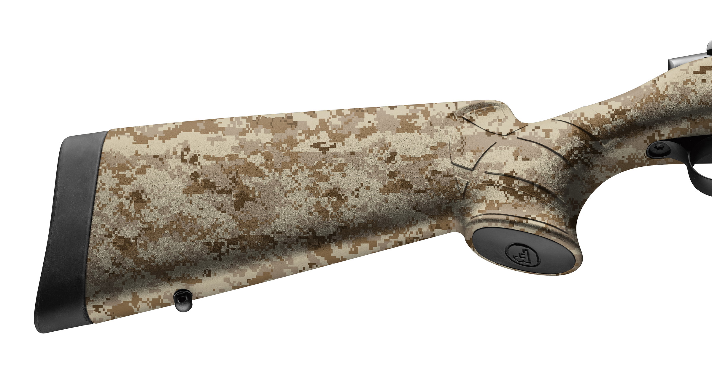 Camouflage-gewehrschaft mit Pixelmuster, braun-beige Töne, robuste Verarbeitung, geeignet für Airsoft.