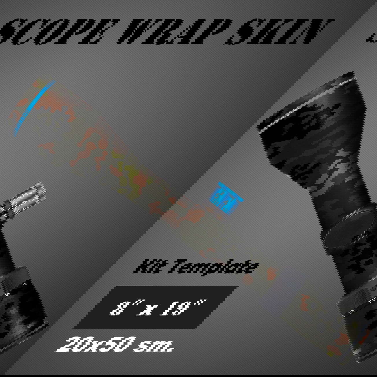GunsWrap Scope Skins Tarnmuster für Zielfernrohr, Maße 20x50cm, auf grauem Hintergrund dargestellt.