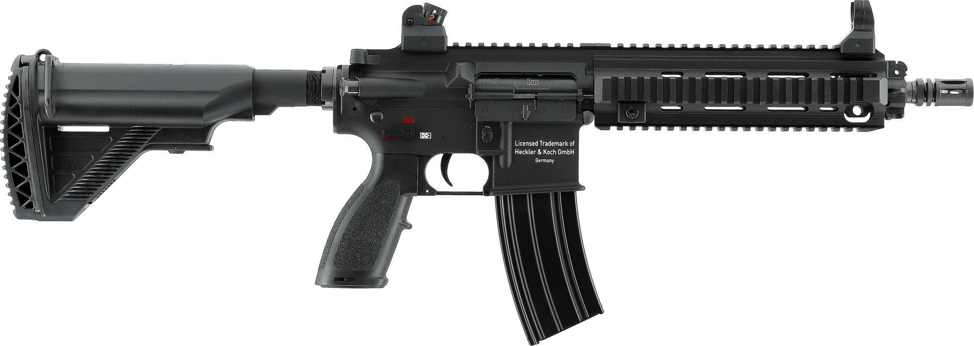 Schwarze Airsoft-Gasgewehr-Replika mit Picatinny-Schiene, verstellbarem Schaft und Magazin.