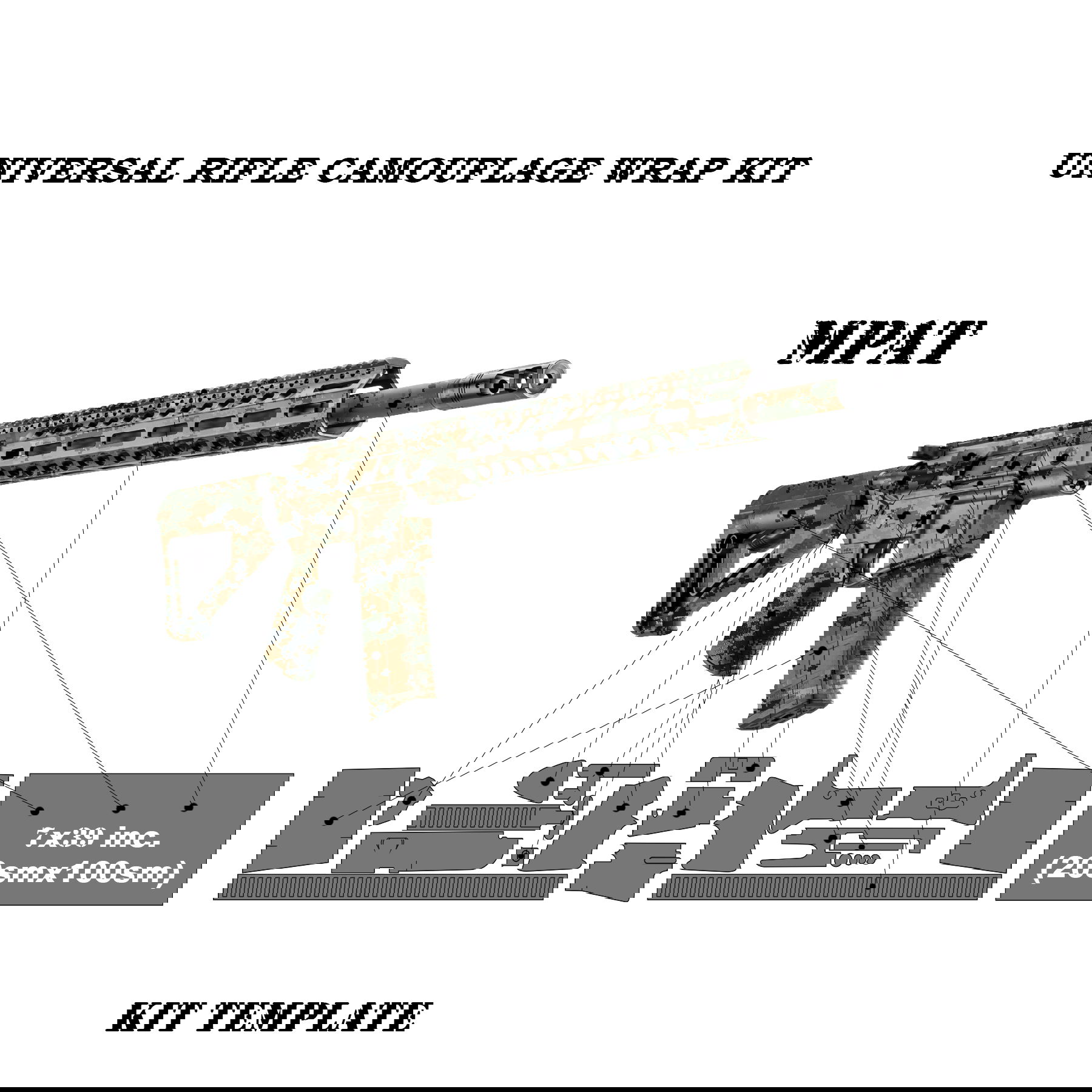 Tarnset für Gewehr in MPAT-Muster mit Schablone und Abmessungen (20cmx100cm).
