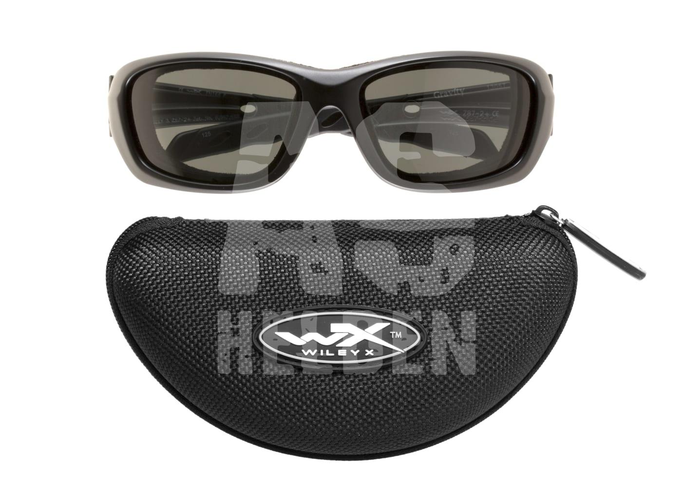 Schwarze Schutzbrille mit polarisierten Gläsern, inklusive Hartschalenetui, ideal für Airsoft.