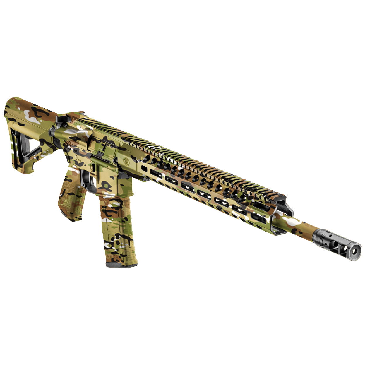 Tarnfarbenes Airsoft-Gewehr in Multicam-Design, seitlich abgebildet.