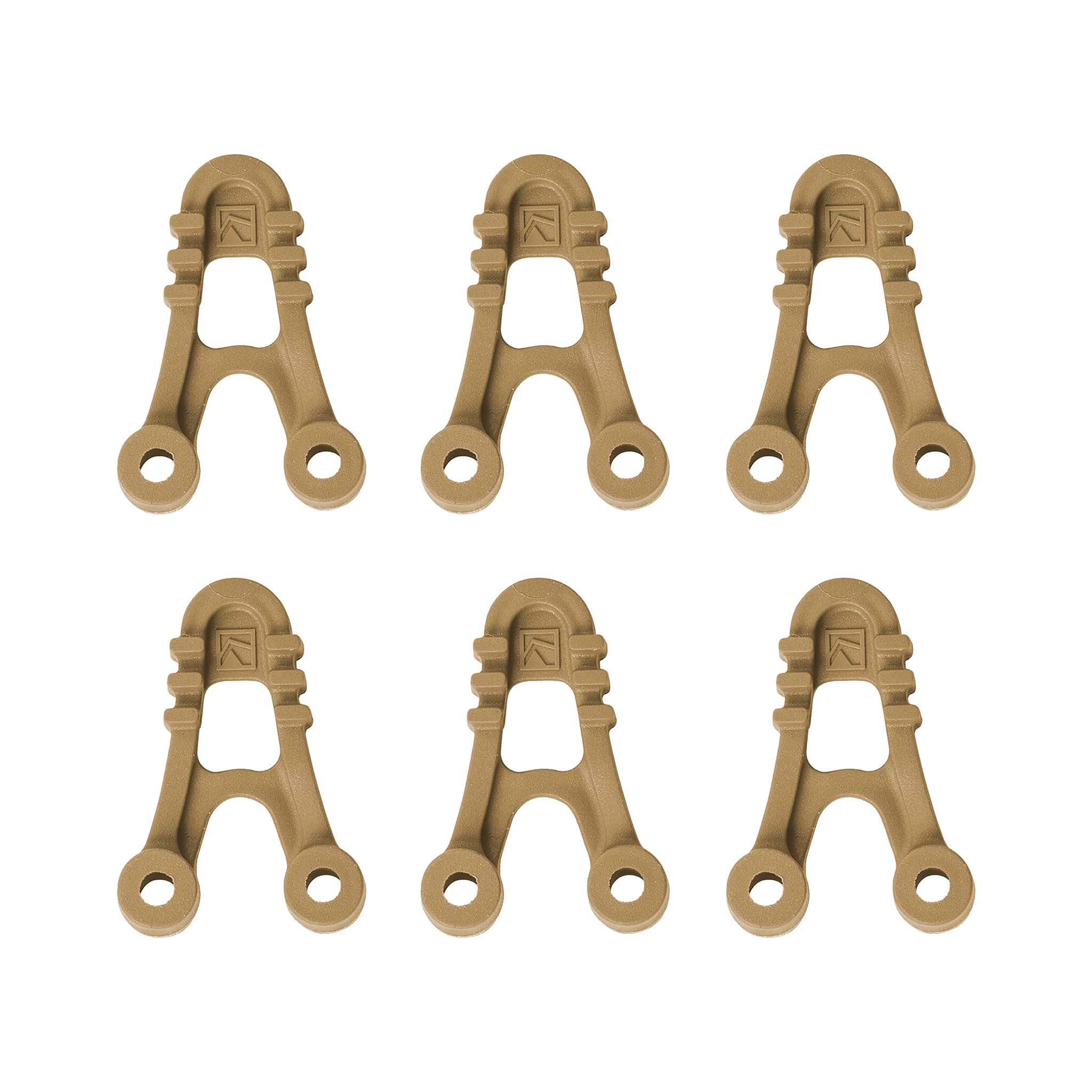 Sechs tan-farbene Airsoft-Kabelmanagement-Clips in symmetrischer Anordnung.