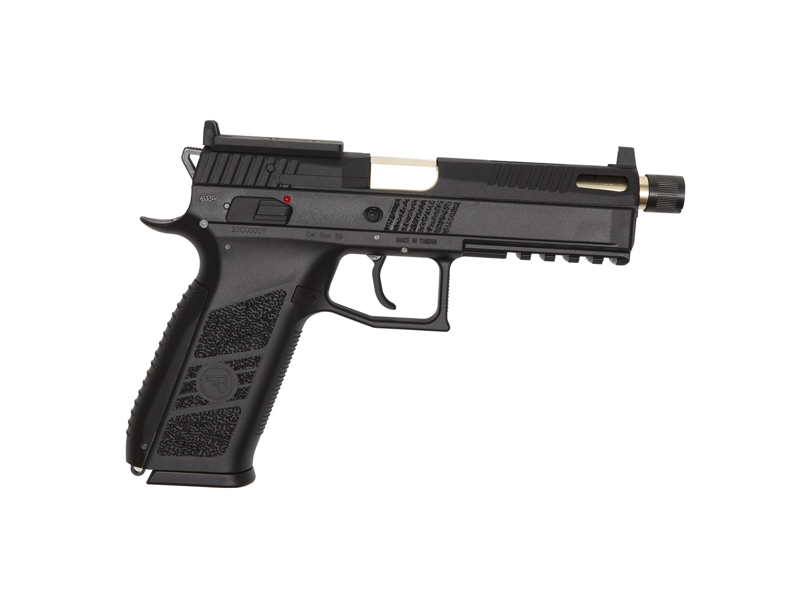 Schwarze Airsoft-Pistole mit strukturiertem Griff und taktischer Schiene, seitliches Profil.
