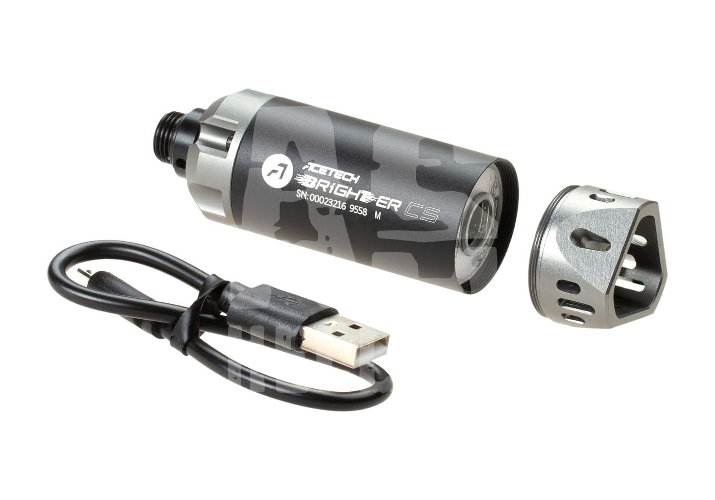 Acetech Brighter CS Tracer mit USB-Ladekabel, schwarz-graues Design.