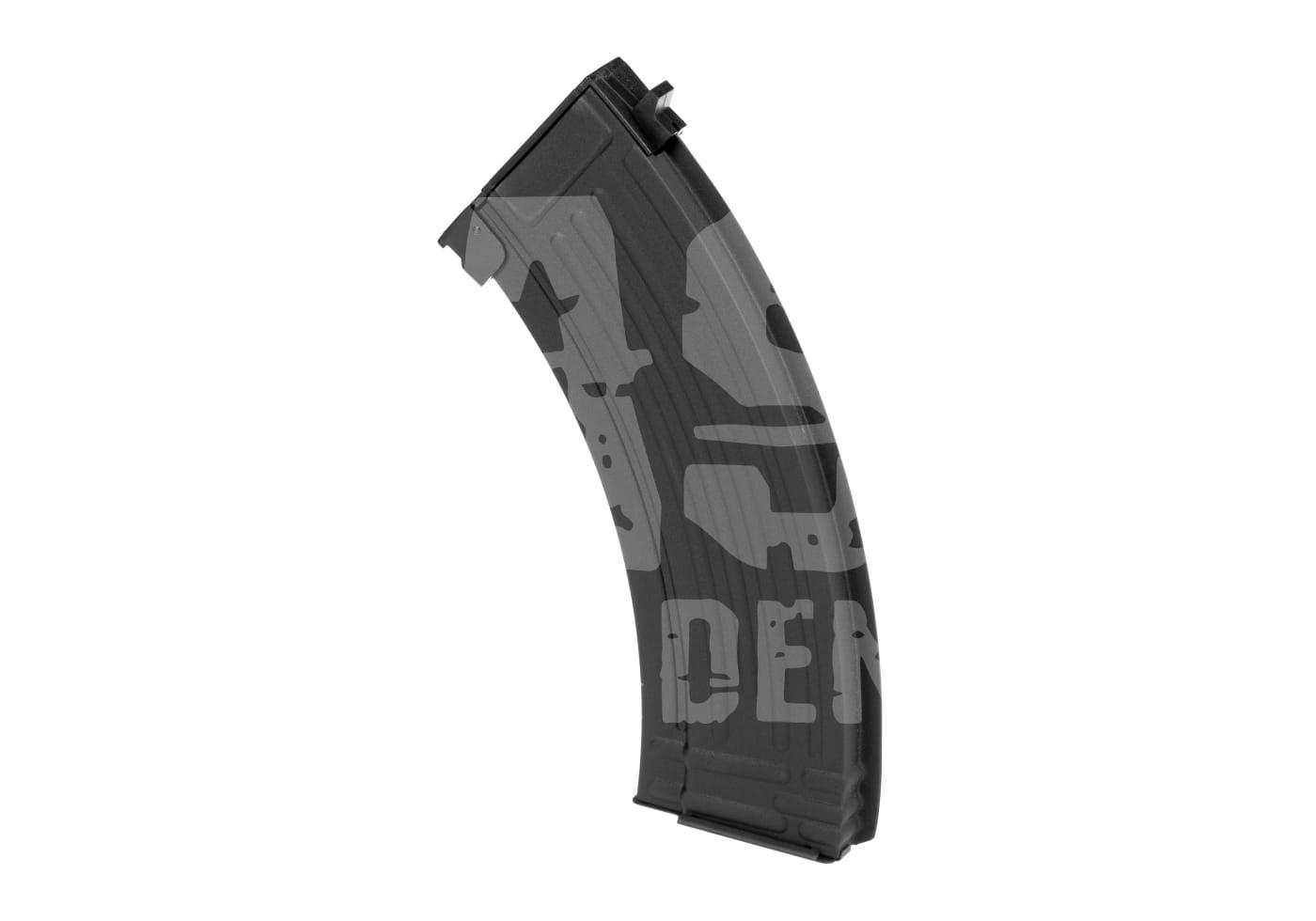 Airsoft AK-Magazin in Schwarz mit Tarnmuster, gebogenes Design.