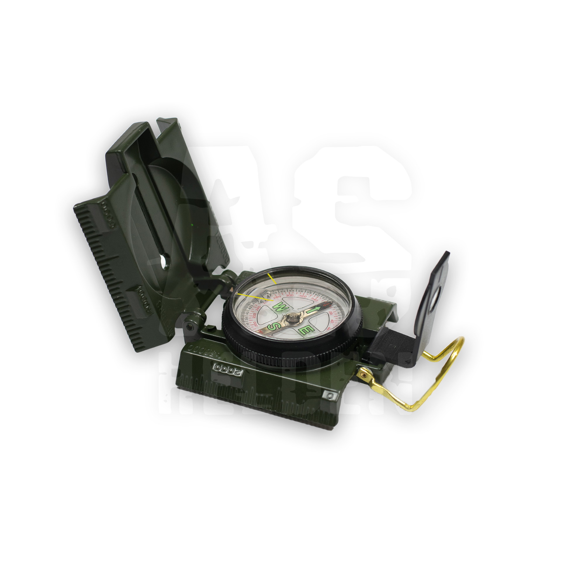 Grüner taktischer Kompass mit durchsichtiger Ablesescheibe und Klappsichthilfe für präzise Navigation im Gelände.