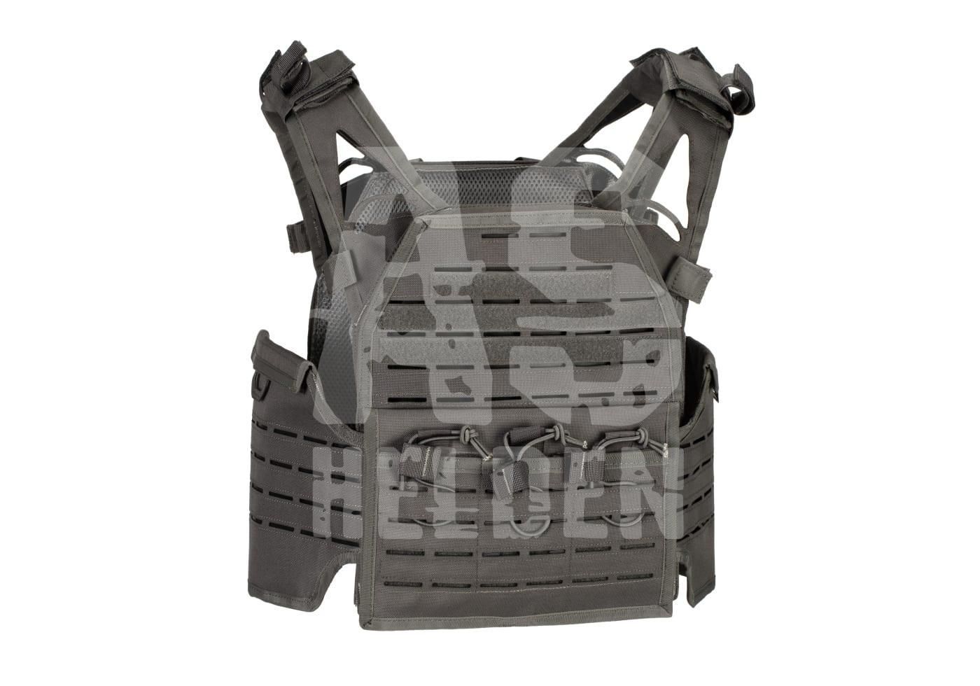 Taktische Airsoft-Weste in Grau mit Lasercut-MOLLE-System und verstellbaren Schultergurten.