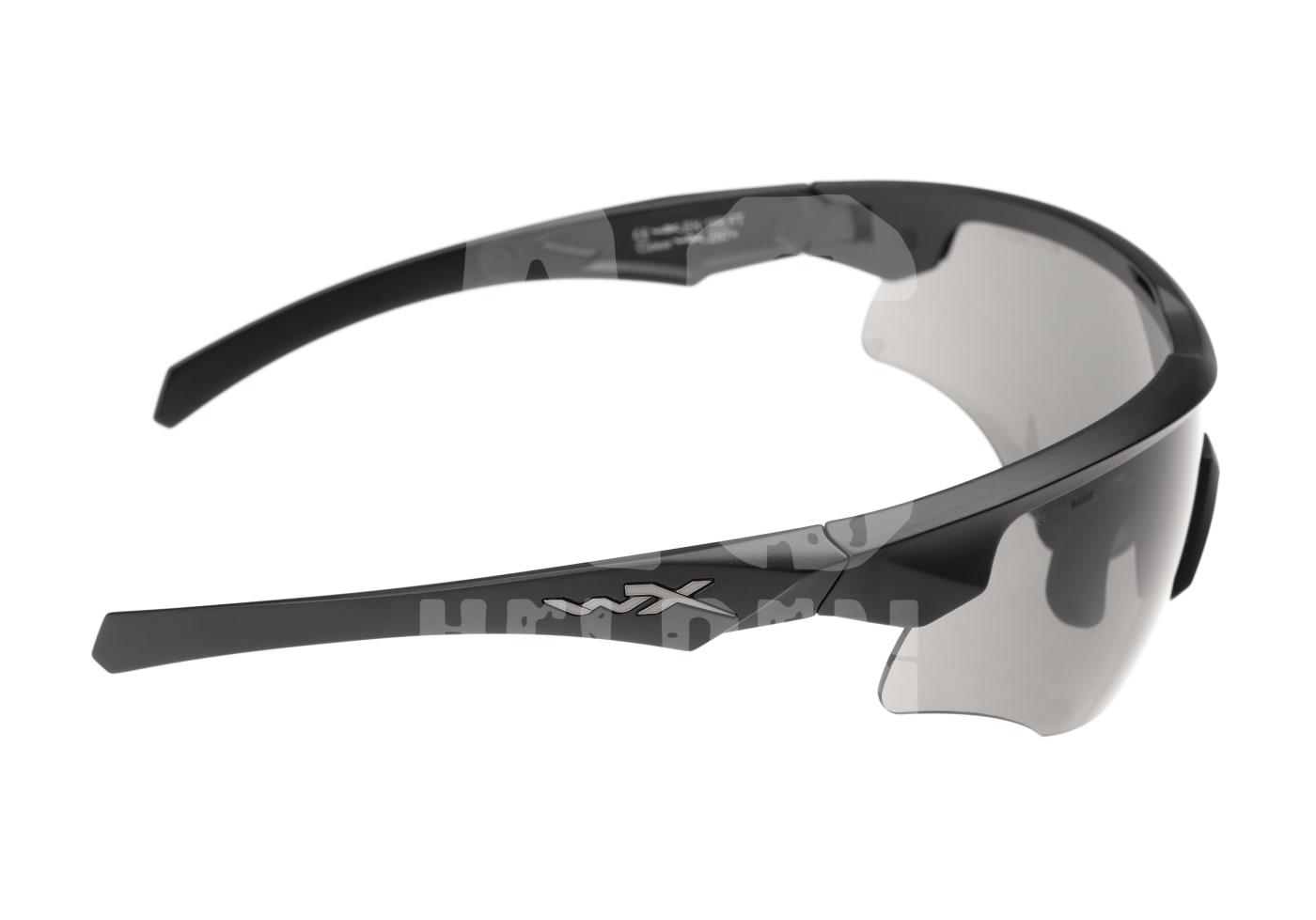 Schwarze Schutzbrille mit getönten Gläsern für Airsoft, seitliche Ansicht, schlankes Design.