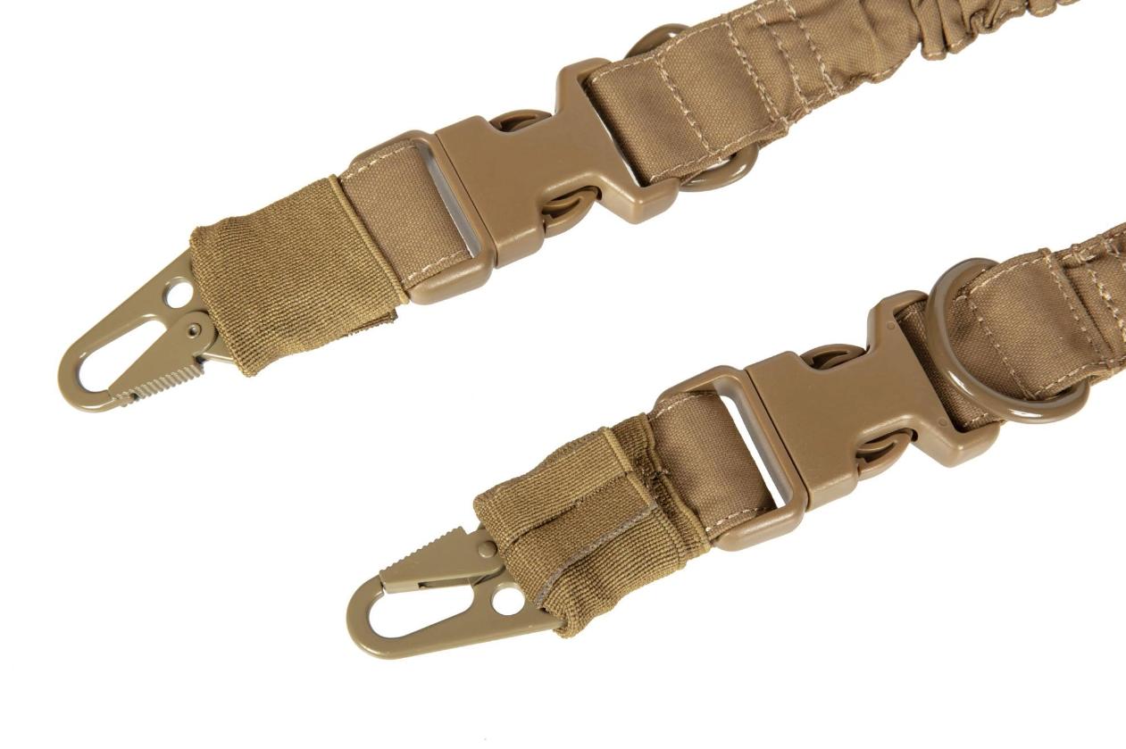 Primal Gear 2-Point Bungee Sling Acodon Taktischer Gewehrriemen in Coyote Tan mit Karabinerhaken und Schnallen. Ideal für Airsoft-Ausrüstung.