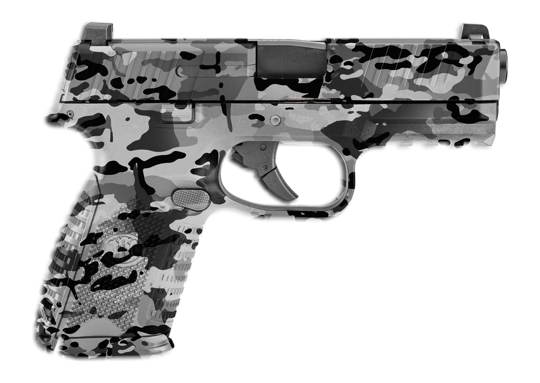 Tarn-Finish Airsoft-Pistole in Grautönen, seitliche Ansicht.