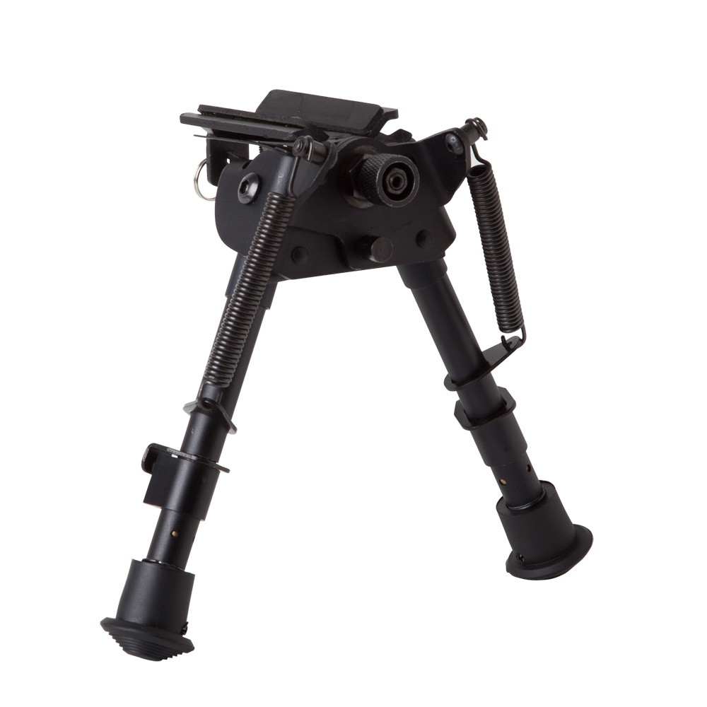 Schwarzes Zweibein-Stativ für Airsoft, verstellbar und zusammenklappbar, für erhöhte Stabilität.