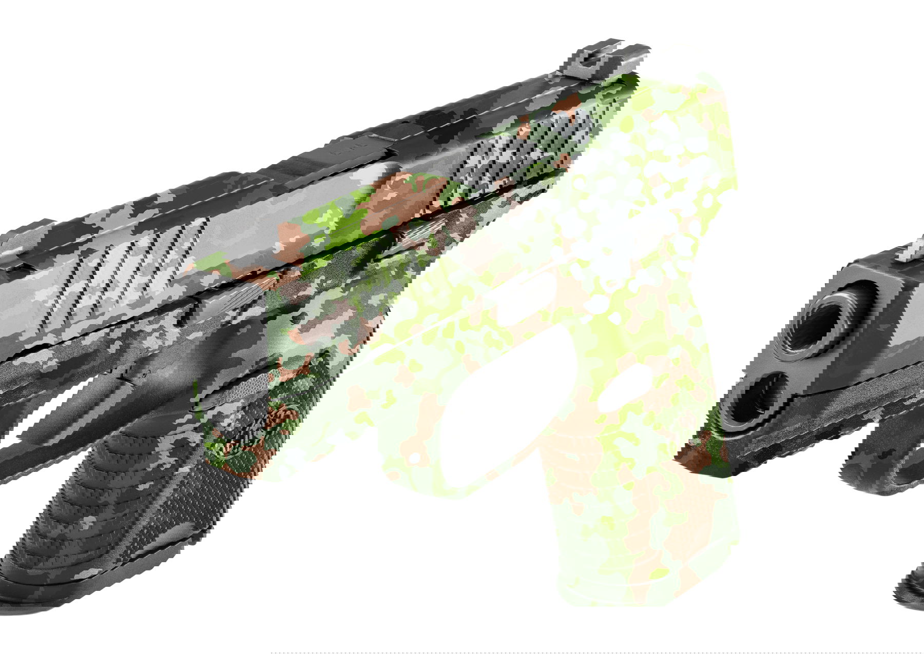 Airsoft-Pistole im Flecktarn-Design, kompakte Bauweise, für taktische Einsätze geeignet.