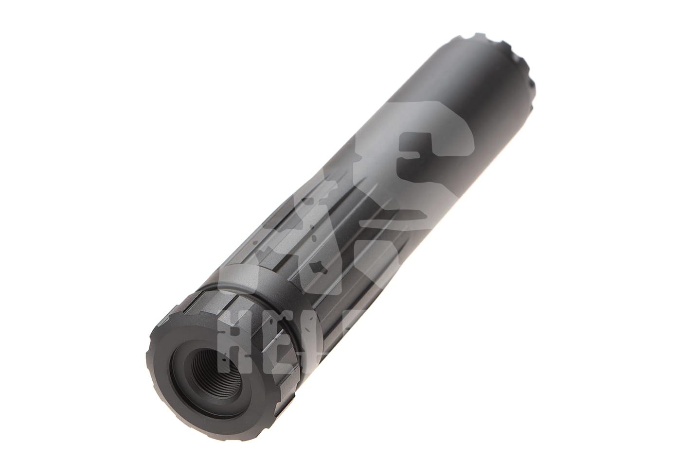 Schwarzer Airsoft-Schalldämpfer, zylindrisch mit geriffelter Oberfläche.