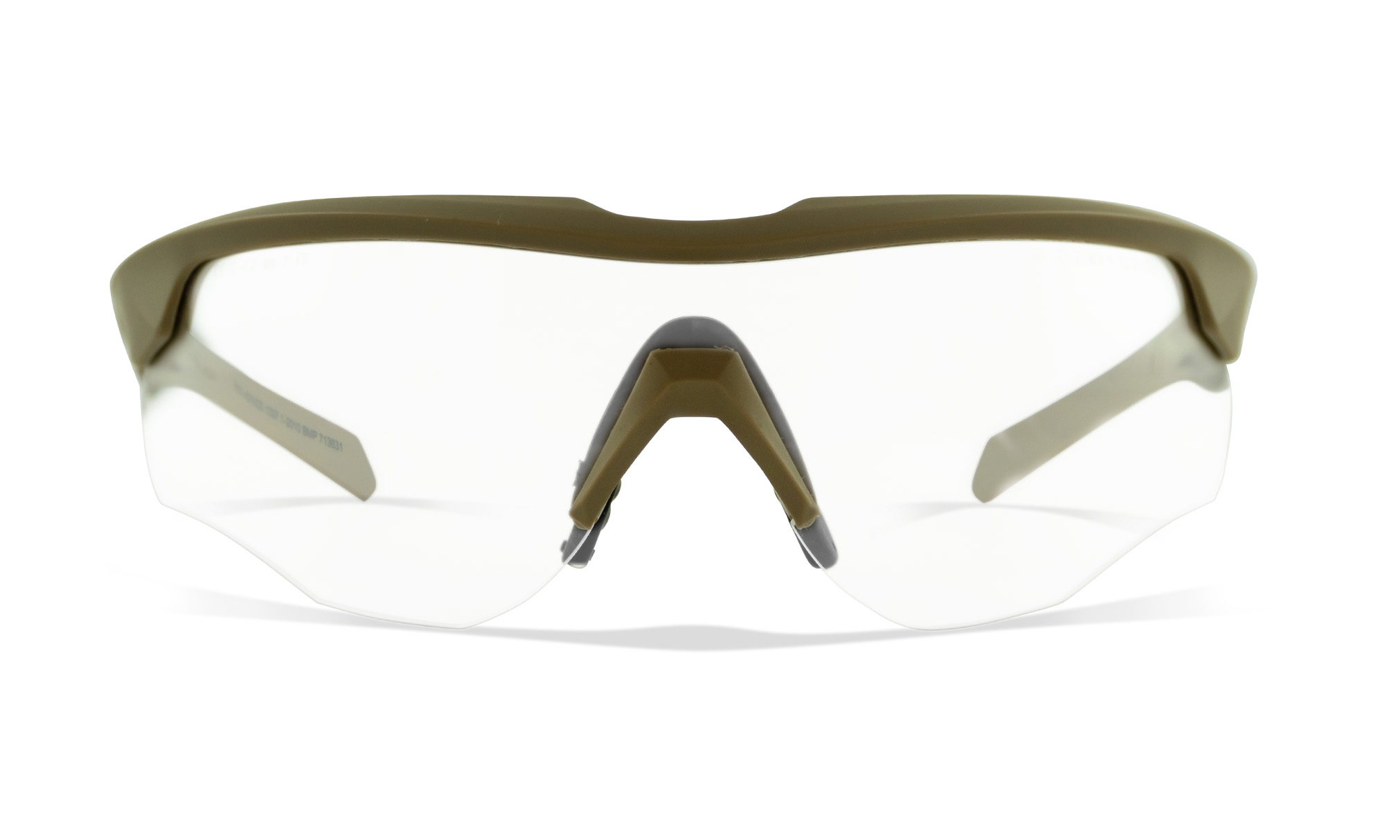 Sportbrille mit transparenten Gläsern und olivfarbenem Rahmen, frontal abgebildet.