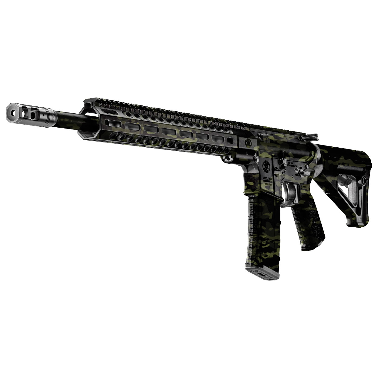 Airsoftgewehr mit Tarndesign, taktische Schiene und verstellbarer Schulterstütze.