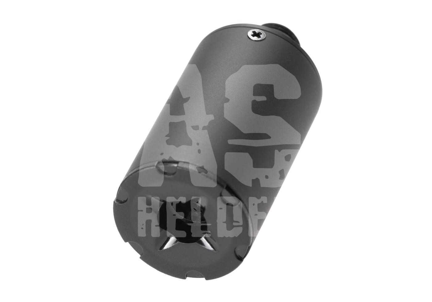 Schwarzer Airsoft-Flashhider, zylindrisch, mit sternförmiger Front und Schraube am oberen Ende.