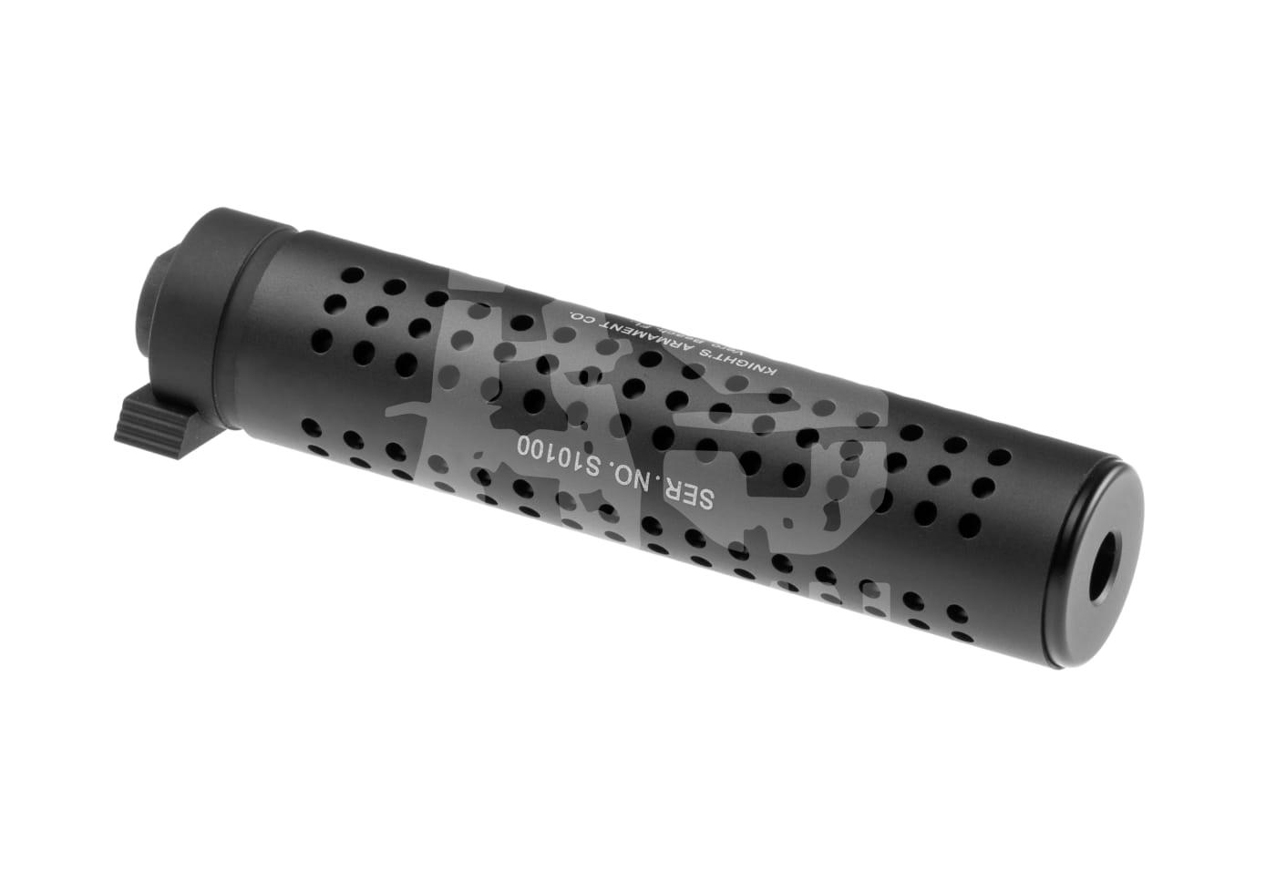 Schwarzer, perforierter Airsoft-Schalldämpfer mit Beschriftung und montierbarer Endkappe.